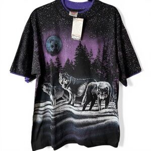 Vintage 1991 Wolf T Shirt Oneita Single Stitch All Over Print Galaxy NWT XL